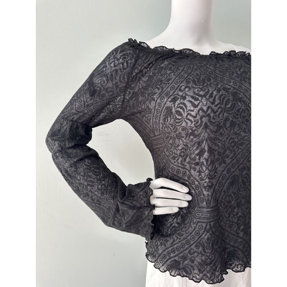 Black Lace Bell Sleeve Off-Shoulder Top Ruffled Neckline Goth Boho Blouse Size M - Picture 4 of 5